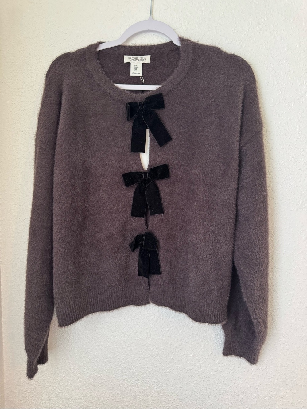 Rachel Zoe Mauve-Gray Fuzzy Cardigan with Black Velvet Bows